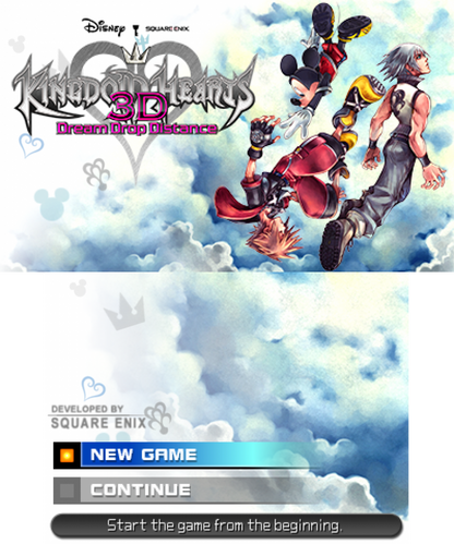 Kingdom Hearts 3D: Dream Drop Distance start screen for Nintendo 3DS (3DS) action role-playing video game