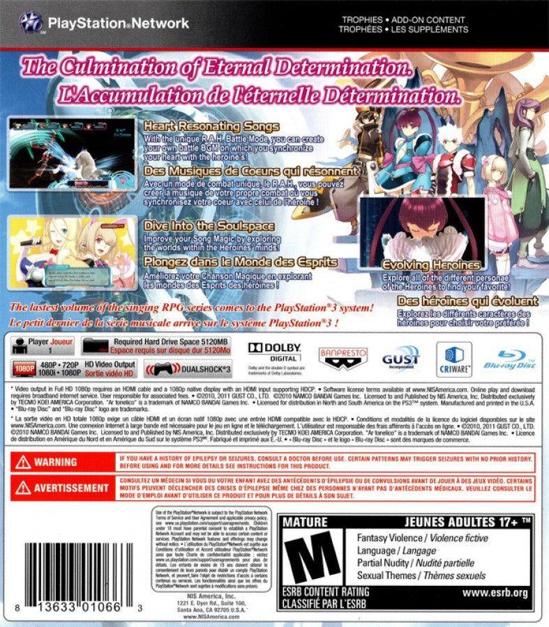 Ar Tonelico Qoga Knell of Ar Ciel PlayStation 3 PS3 for retro video game enthusiasts featuring Japanese role playing gameplay turn based combat systems sci fi fantasy world exploration character driven storytelling magical song based abilities anime inspired visuals and collectible gaming appeal back cover