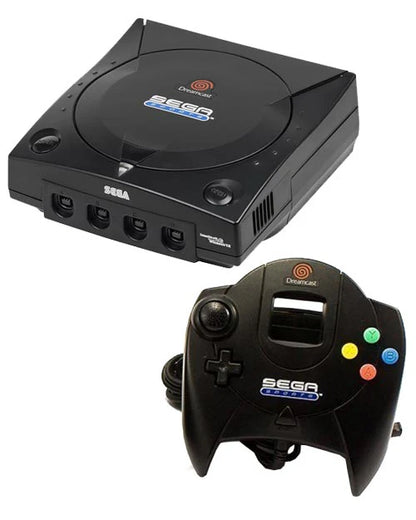 Black Sega Sports Dreamcast console with matching controller placed in front, showing power button, controller port, Sega logo, and glossy finish for gaming setup