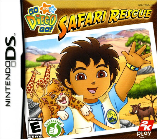 Go Diego Go Safari Rescue for Nintendo DS, cover image for an educational adventure video game with animal rescue gameplay, mini-games, problem-solving activities, and family-friendly exploration