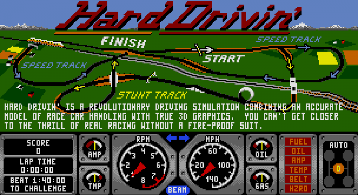 Hard Drivin Sega Genesis video game featuring early 3D racing simulation gameplay stunt tracks arcade style driving challenges and classic 16 bit Sega console retro racing title gameplay