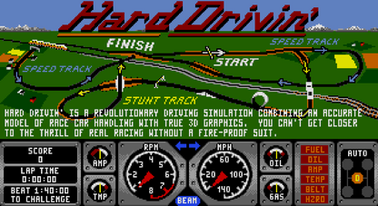 Hard Drivin Sega Genesis video game featuring early 3D racing simulation gameplay stunt tracks arcade style driving challenges and classic 16 bit Sega console retro racing title gameplay