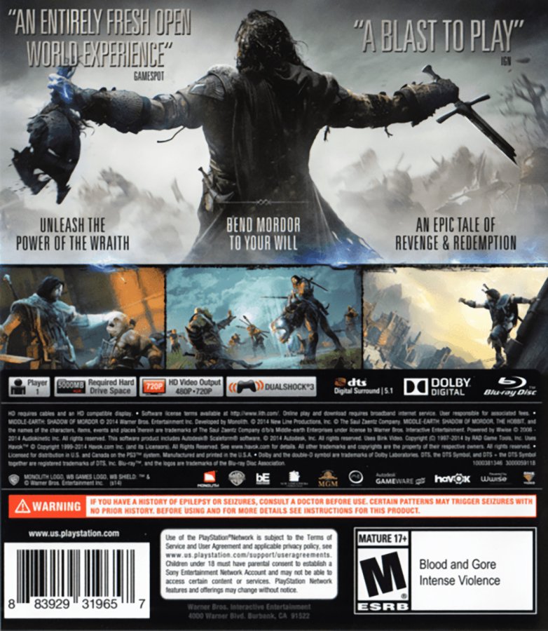 Middle-Earth: Shadow of Mordor back cover art for PlayStation 3 (PS3) video game