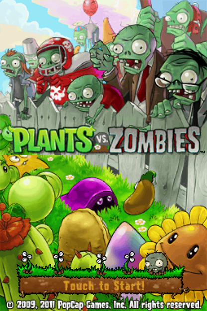 Plants vs. Zombies start screen for Nintendo DS (DS) tower defense strategy video game