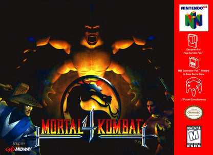 Mortal Kombat 4 Nintendo 64 N64 for fighting video game fans featuring classic Mortal Kombat characters intense 3D combat special moves finishing moves weapon attacks brutal battles multiple arenas and classic Nintendo 64 gameplay collectible retro gaming appeal front cover art