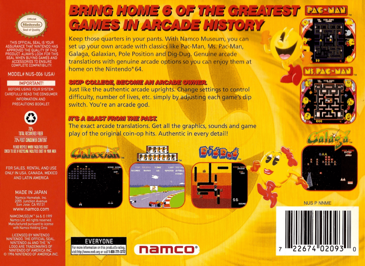 Namco Museum 64 back cover art for Nintendo 64 N64 video game