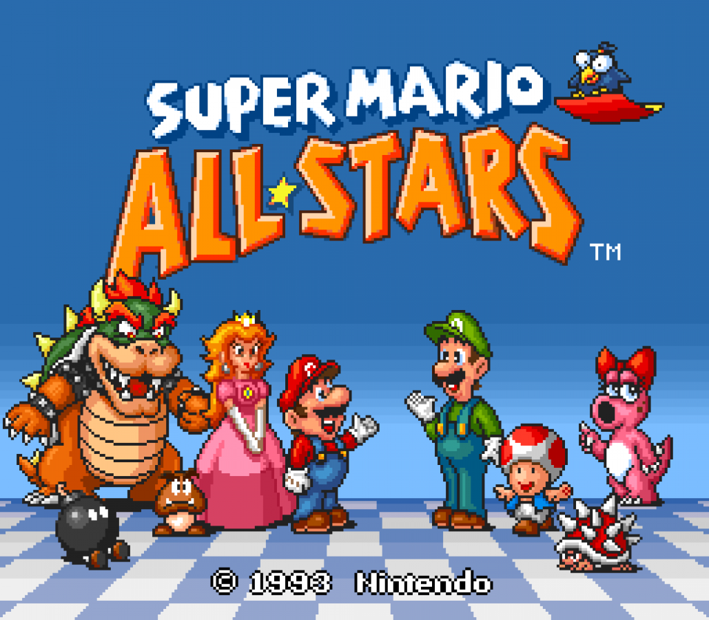 Super Mario All-Stars [Player's Choice] – Super Nintendo Entertainment System (SNES) title screen for retro platformer video game