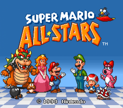 Super Mario All-Stars [Player's Choice] – Super Nintendo Entertainment System (SNES) title screen for retro platformer video game