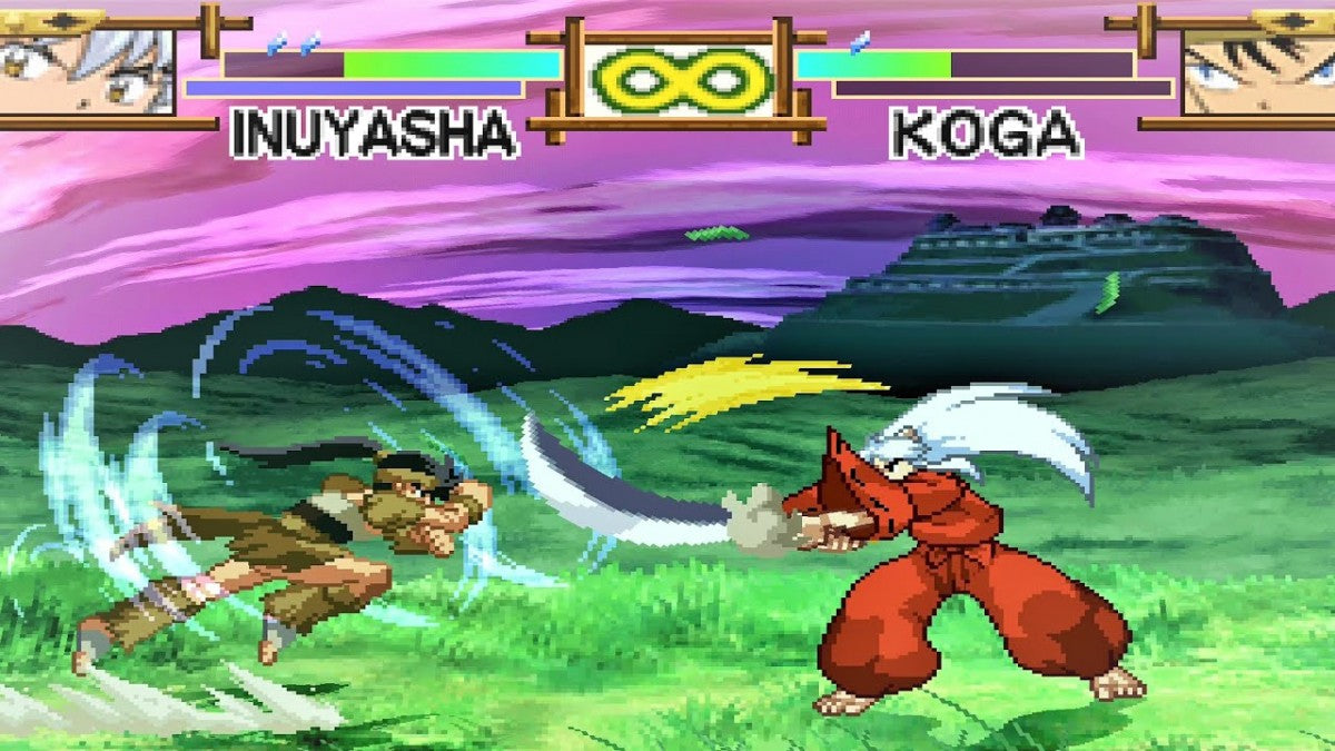 Retro InuYasha A Feudal Fairy Tale PS1 cover art inspired design featuring classic anime fighting game aesthetic vintage PlayStation arena combat Inuyasha Kagome feudal Japan demons sword battles cel shaded style nostalgic 90s anime game presentation gameplay