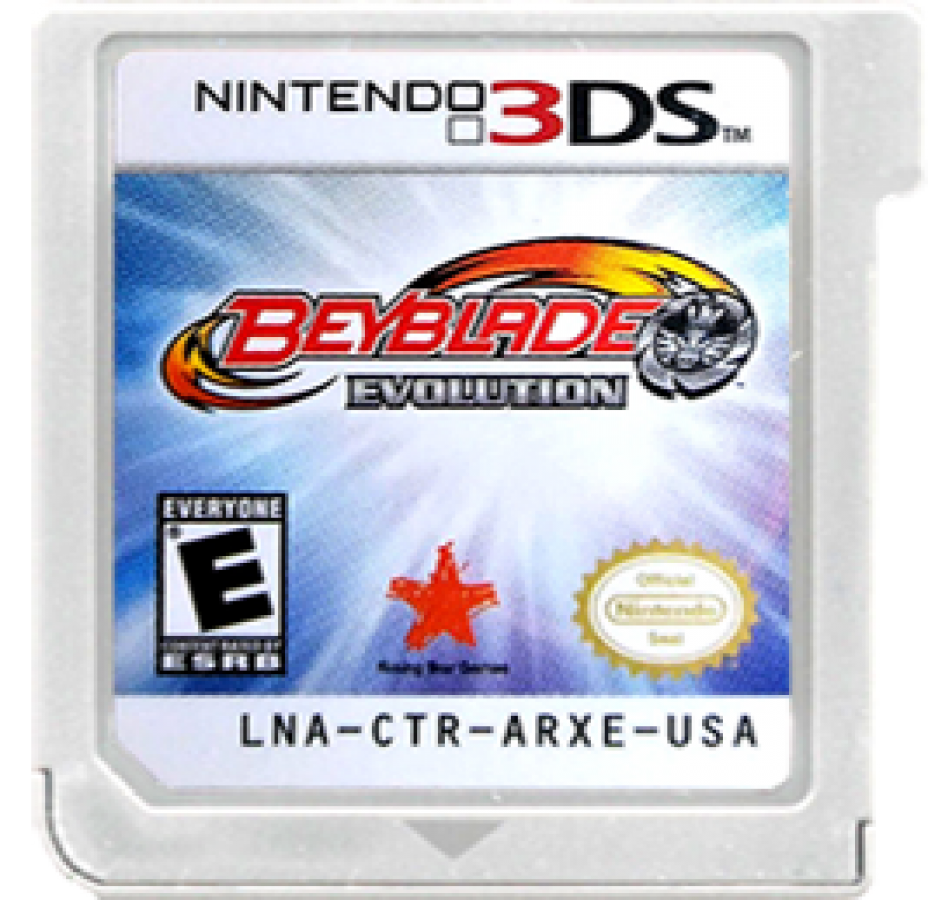 Beyblade: Evolution cartridge art for Nintendo 3DS (3DS). A motion‑focused Beyblade battle game for Nintendo 3DS, featuring precision launch mechanics and fast arena duels built around the system’s unique controls.