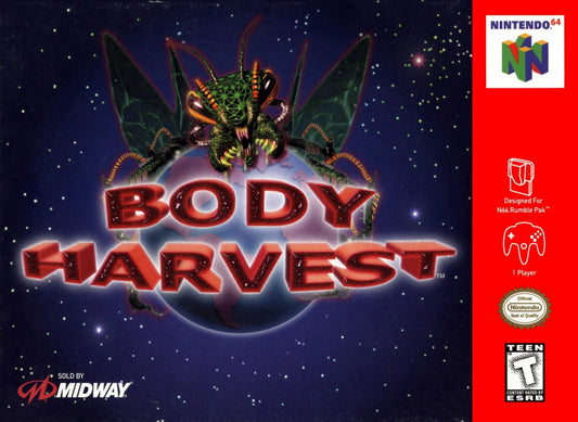 Body Harvest Nintendo 64 N64 video game featuring action adventure gameplay open world exploration alien invasion combat vehicle driving missions weapon battles enemy encounters strategic objectives and classic 64 bit Nintendo gameplay retro video game collection collectible gaming appeal cover art