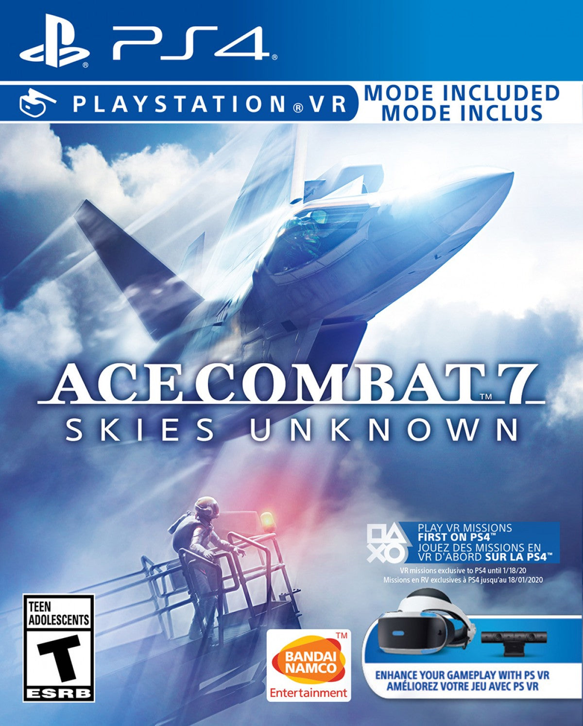 Ace Combat 7 Skies Unknown PS4 Sony PlayStation 4 flight combat simulator jet fighter aerial dogfights realistic aircraft missions story campaign Bandai Namco arcade flight gameplay VR support PlayStation 4 software video game title cover art 