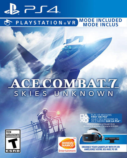 Ace Combat 7 Skies Unknown PS4 Sony PlayStation 4 flight combat simulator jet fighter aerial dogfights realistic aircraft missions story campaign Bandai Namco arcade flight gameplay VR support PlayStation 4 software video game title cover art 