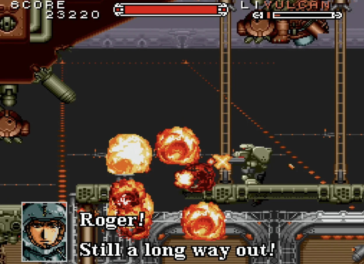 Cybernator Super Nintendo SNES side scrolling shooter mech action run and gun futuristic warfare robot combat platform shooting Konami classic retro 16 bit gaming Super Nintendo Entertainment System software video game title gameplay