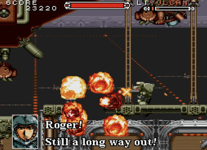 Cybernator Super Nintendo SNES side scrolling shooter mech action run and gun futuristic warfare robot combat platform shooting Konami classic retro 16 bit gaming Super Nintendo Entertainment System software video game title gameplay