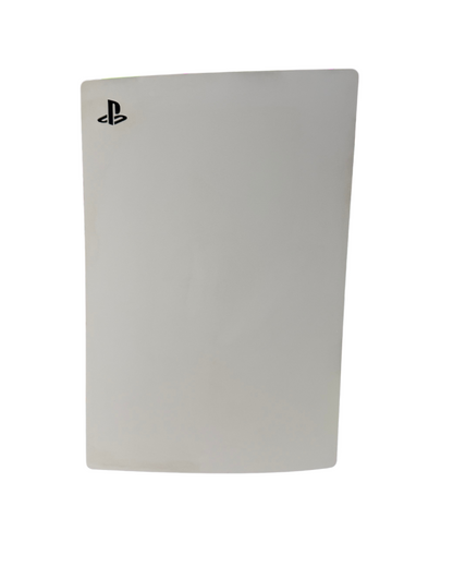 Side view of a Sony PS5 console showing the panel with the PlayStation logo and the curved design of the console’s side.