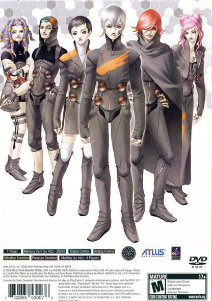 Shin Megami Tensei Digital Devil Saga PlayStation 2 PS2 for role playing video game fans featuring turn based combat demon transformation abilities strategic character progression deep sci fi fantasy storytelling challenging dungeon crawling atmospheric world exploration iconic Atlus JRPG adventure collectible gaming appeal back cover art