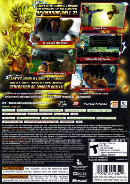 Dragon Ball Z Ultimate Tenkaichi Xbox 360 X360 anime fighting game featuring Goku Vegeta Super Saiyan transformations energy attacks cinematic battles story mode character creation and Dragon Ball Z action retro video game collection collectible gaming appeal back cover