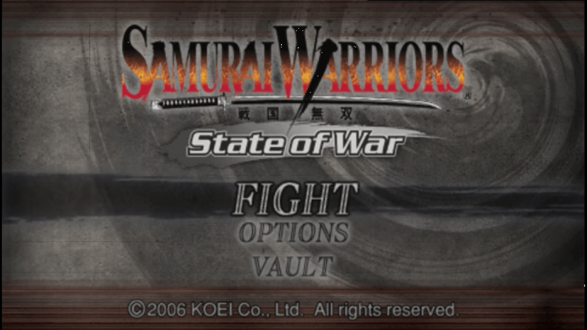 Samurai Warriors State of War title screen for PlayStation Portable (PSP) video game