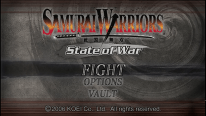 Samurai Warriors State of War title screen for PlayStation Portable (PSP) video game