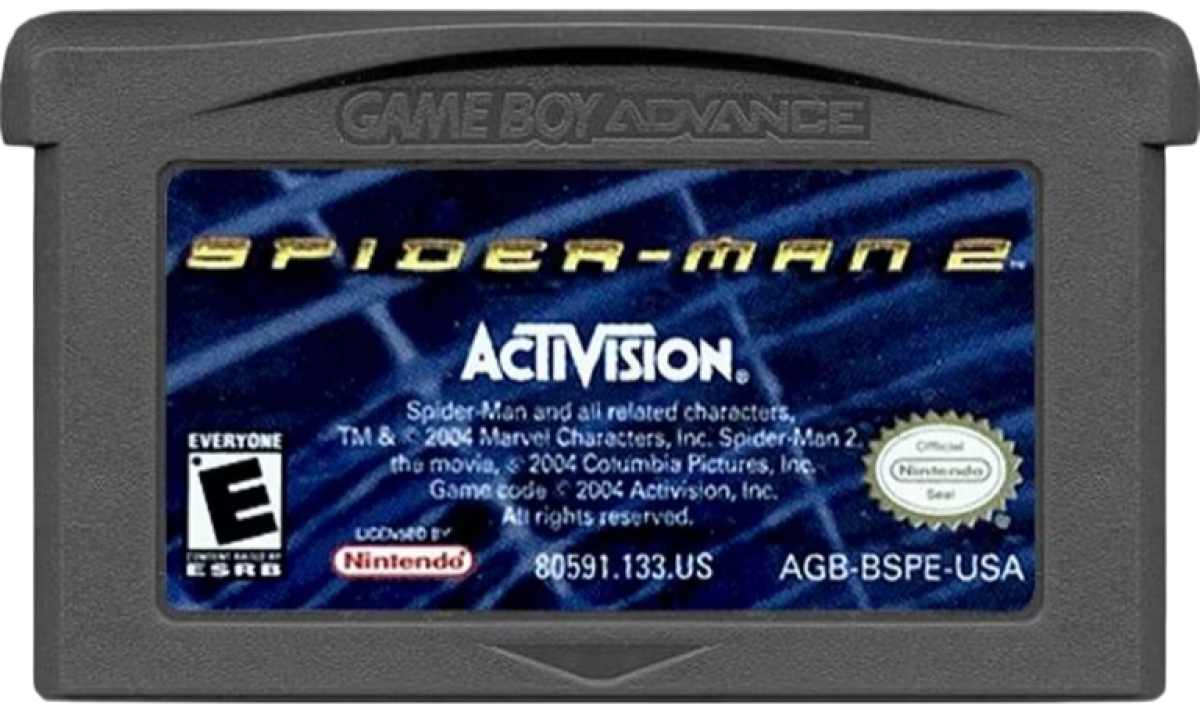 Spider-Man 2 for Game Boy Advance (GBA), cartridge for a retro video game featuring action-adventure gameplay, side-scrolling combat, web-slinging abilities, mission-based challenges, and superhero-themed exploration