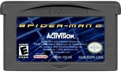 Spider-Man 2 for Game Boy Advance (GBA), cartridge for a retro video game featuring action-adventure gameplay, side-scrolling combat, web-slinging abilities, mission-based challenges, and superhero-themed exploration