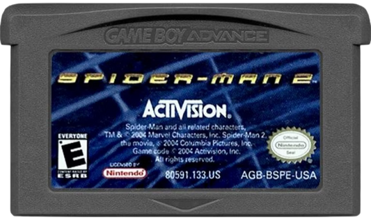 Spider-Man 2 for Game Boy Advance (GBA), cartridge for a retro video game featuring action-adventure gameplay, side-scrolling combat, web-slinging abilities, mission-based challenges, and superhero-themed exploration