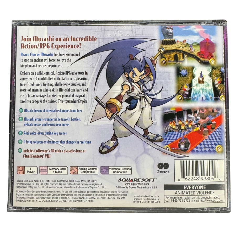 Brave Fencer Musashi Complete In Box CIB Sony PlayStation PS1 video game featuring action role playing gameplay Musashi character sword combat enemy battles magical abilities fantasy adventure exploration quests puzzle solving and classic 32 bit PlayStation gameplay retro video game collection collectible gaming appeal back cover art
