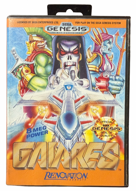 Gaiares Sega Genesis for shoot 'em up video game fans featuring side scrolling space combat enemy weapons absorption system challenging stages powerful spacecraft intense boss battles science fiction environments and classic 16 bit arcade action collectible retro gaming appeal cover art