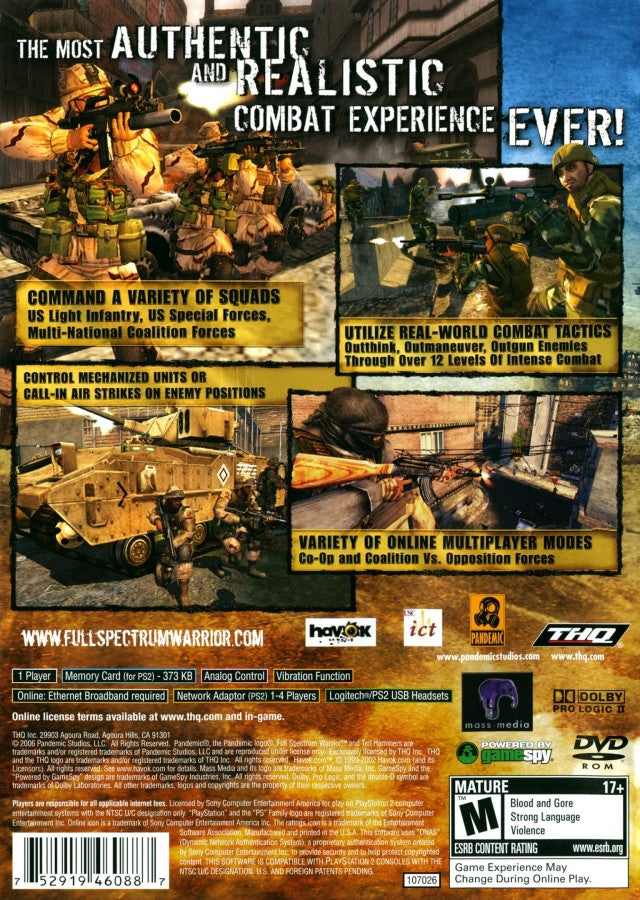 Full Spectrum Warrior: Ten Hammers back of case for PlayStation 2 (PS2) modern military tactical squad-based action video game