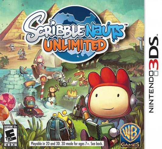 Scribblenauts Unlimited Nintendo 3DS game featuring puzzle adventure gameplay with open ended problem solving object creation mechanics and creative challenges using Maxwell’s magical notebook front cover 