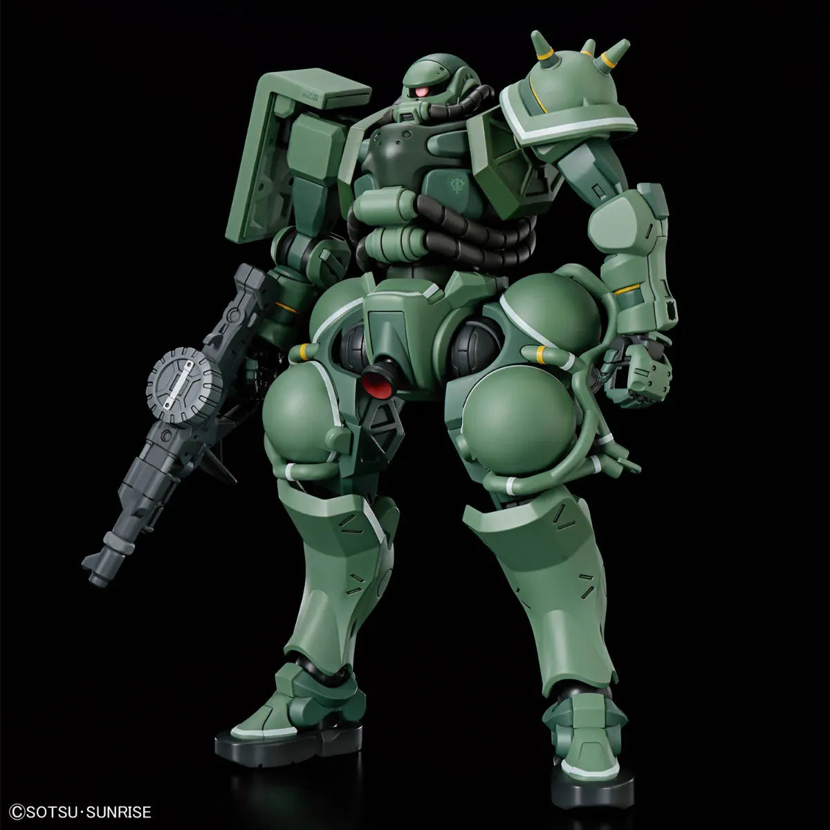 HG Zaku GQ Model Kit featuring High Grade Gunpla construction detailed mechanical design articulated poseable model snap together assembly color separated parts customizable display piece and collectible anime model building appeal front 