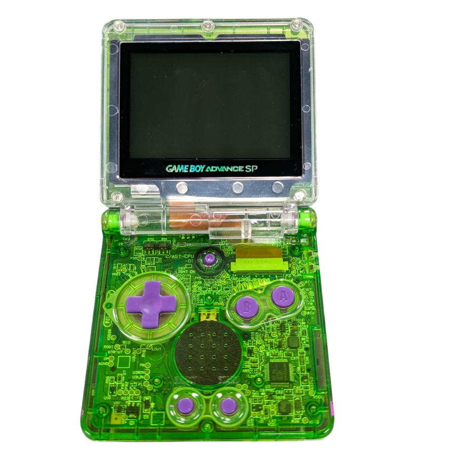 Game Boy Advance SP GBA SP handheld console custom green shell replacement clamshell design backlit screen rechargeable battery Nintendo portable retro gaming open