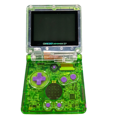 Game Boy Advance SP GBA SP handheld console custom green shell replacement clamshell design backlit screen rechargeable battery Nintendo portable retro gaming open