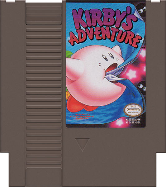 Kirby's Adventure cartridge for the Nintendo Entertainment System featuring Kirby in a colorful 8 bit side scrolling platformer with copy abilities and dream world exploration cartridge