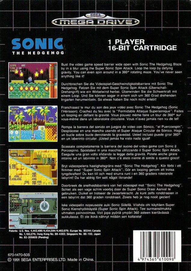 Sonic the Hedgehog back cover art for Sega Genesis (GEN) video game