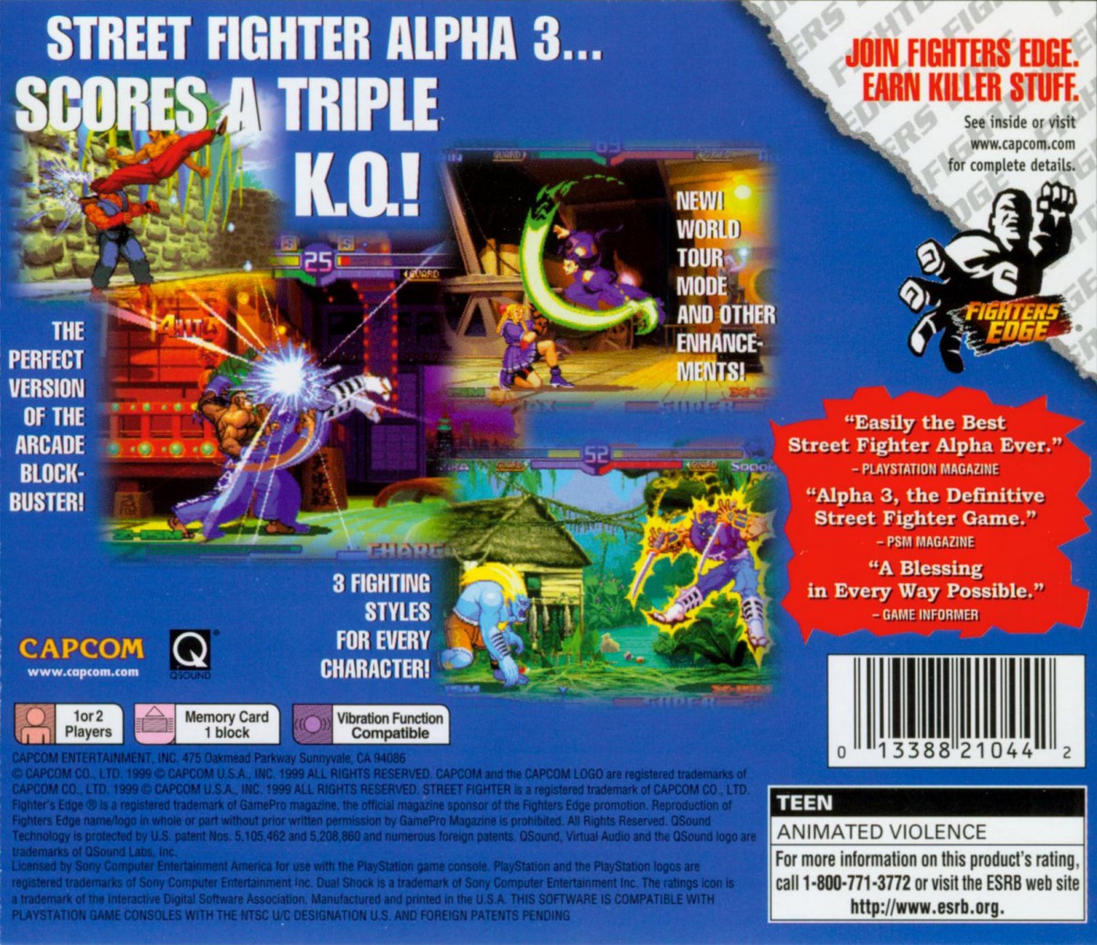 Street Fighter Alpha 3 game for the PlayStation featuring 2D fighting gameplay with a large character roster multiple fighting styles arcade and versus modes and fast paced competitive combat with combo based mechanics back cover