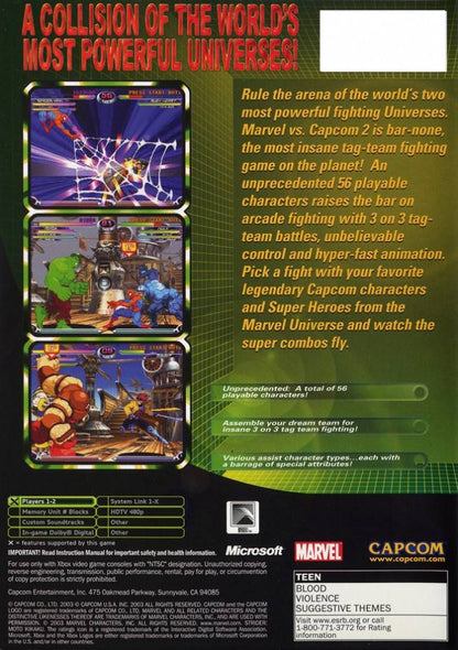 Marvel vs. Capcom 2 Xbox featuring fast-paced 2D fighting gameplay with classic Marvel and Capcom characters back cover art