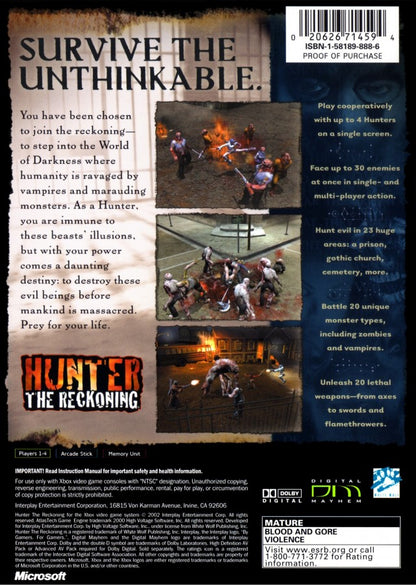 Hunter: The Reckoning retro Xbox video game Hunter The Reckoning co op action horror hack and slash survival combat monster fighting multiplayer dungeon style gameplay console title Xbox release back of case