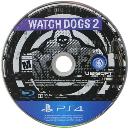 Watch Dogs 2 – PlayStation 4 (PS4) video game disc, open-world action-adventure.