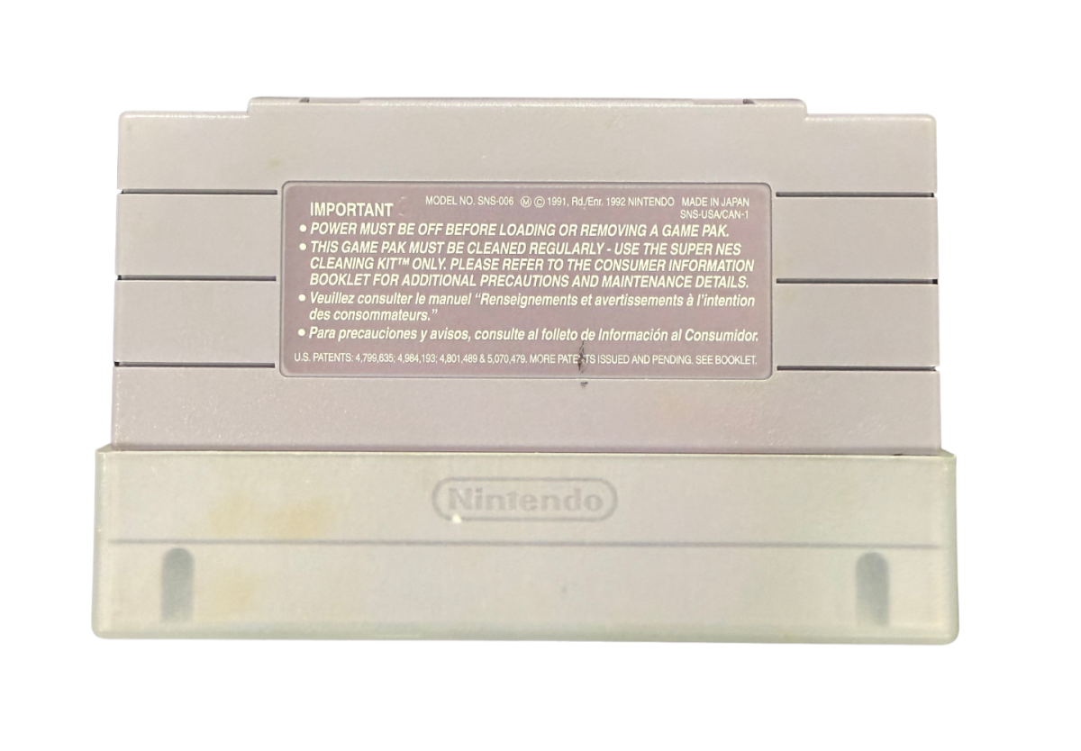 Jim Power The Lost Dimension Super Nintendo Entertainment System SNES retro video game action platformer featuring fast paced side scrolling combat challenging levels futuristic enemies power ups classic 16 bit graphics Super Nintendo gaming experience retro game collection appeal back of cartridge