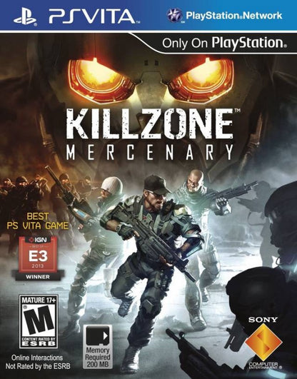 Killzone Mercenary game for the PlayStation Vita featuring first person shooter gameplay with high quality console style visuals for handheld stealth and action missions contract based objectives and multiplayer modes set in the Killzone universe where players work as a mercenary for both sides of the war cover art