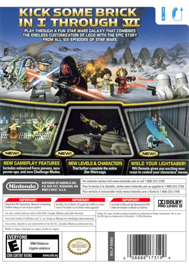 LEGO Star Wars The Complete Saga Wii game featuring family-friendly action adventure gameplay, cooperative play, and the full classic Star Wars saga in LEGO form back cover art