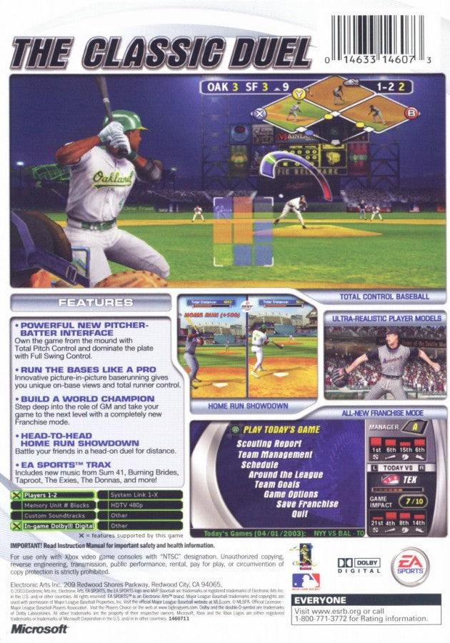 MVP Baseball 2003 Xbox for retro video game enthusiasts featuring realistic baseball simulation gameplay authentic MLB teams and players franchise mode deep pitching and batting mechanics dynamic stadium presentation and collectible gaming appeal back art 