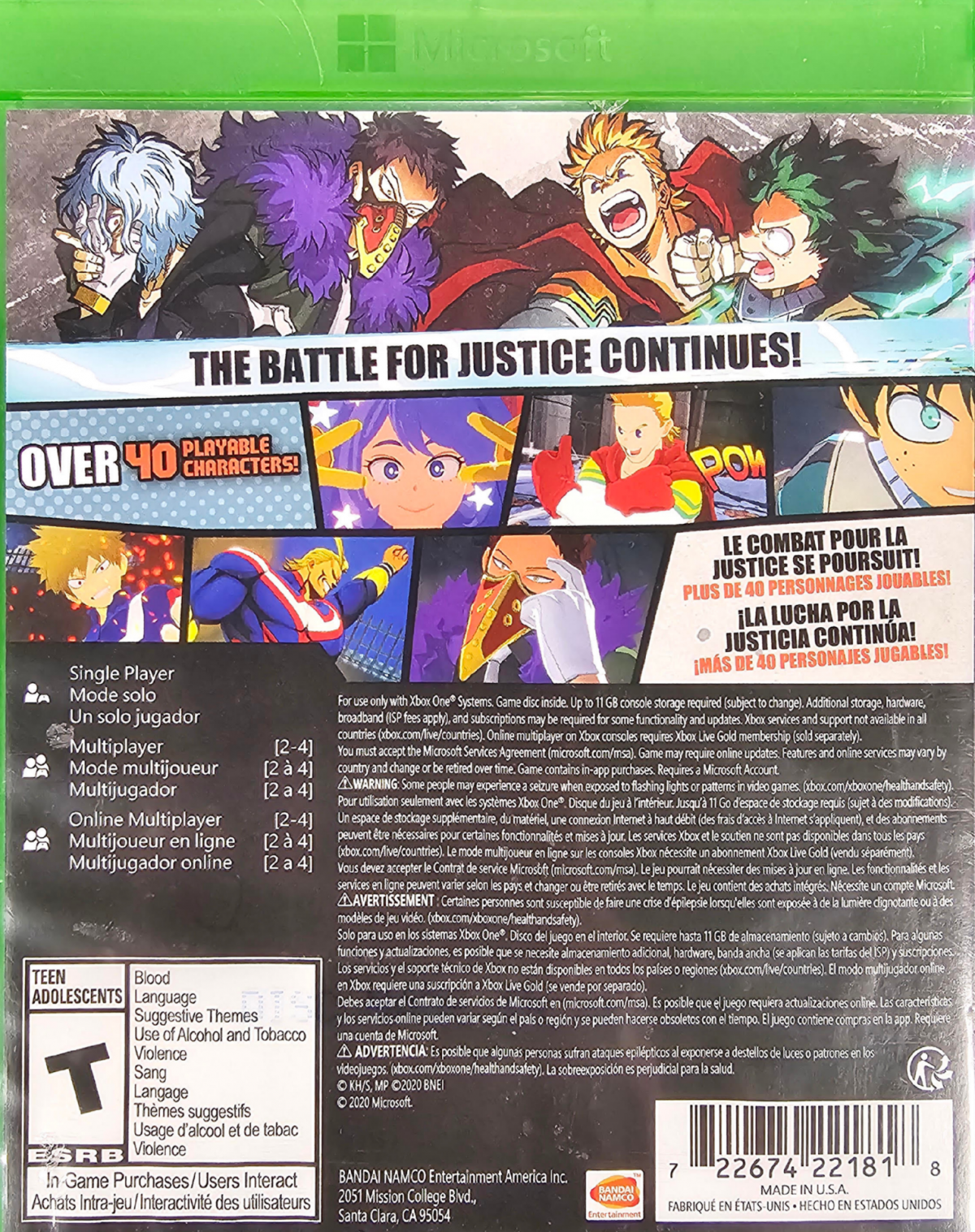 My Hero One's Justice 2 Xbox One XONE for anime fighting video game fans featuring My Hero Academia characters Deku Bakugo Shoto Todoroki All Might powerful Quirks 3D arena combat special attacks team battles story mode and fast paced superhero action collectible gaming appeal back cover art