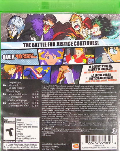 My Hero One's Justice 2 Xbox One XONE for anime fighting video game fans featuring My Hero Academia characters Deku Bakugo Shoto Todoroki All Might powerful Quirks 3D arena combat special attacks team battles story mode and fast paced superhero action collectible gaming appeal back cover art
