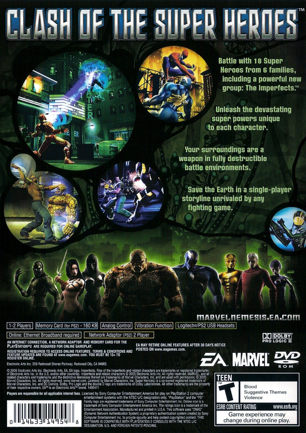 Marvel Nemesis Rise of the Imperfects PS2 Sony PlayStation 2 fighting action game Marvel superheroes vs original characters 3D arena combat brawler superhero battles EA Games story mode versus multiplayer retro gaming PlayStation 2 software video game title back cover art
