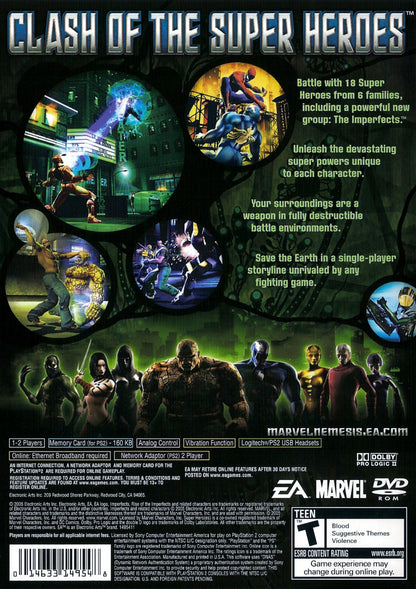 Marvel Nemesis Rise of the Imperfects PS2 Sony PlayStation 2 fighting action game Marvel superheroes vs original characters 3D arena combat brawler superhero battles EA Games story mode versus multiplayer retro gaming PlayStation 2 software video game title back cover art