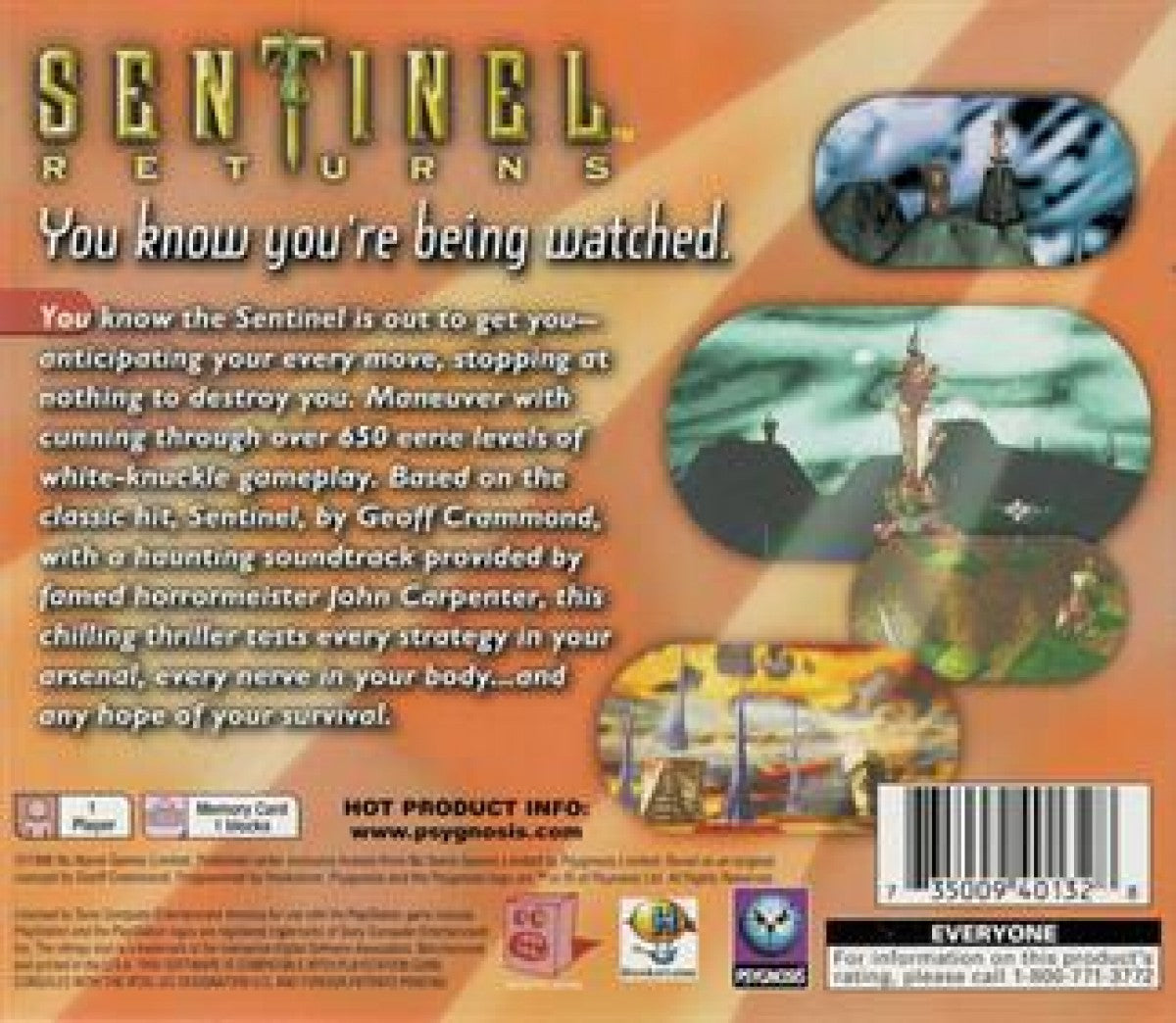 The Sentinel Returns PlayStation PS1 for strategy adventure video game fans featuring futuristic exploration puzzle solving strategic resource management mysterious sci fi environments atmospheric gameplay challenging missions and classic retro PlayStation gaming collectible appeal back
