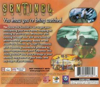 The Sentinel Returns PlayStation PS1 for strategy adventure video game fans featuring futuristic exploration puzzle solving strategic resource management mysterious sci fi environments atmospheric gameplay challenging missions and classic retro PlayStation gaming collectible appeal back